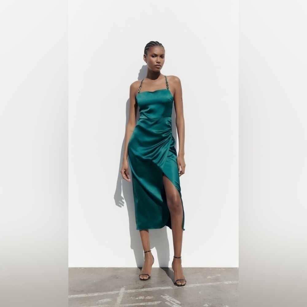 NWT ZARA Satin Effect Lingerie Style Dress Teal Blue, Size M